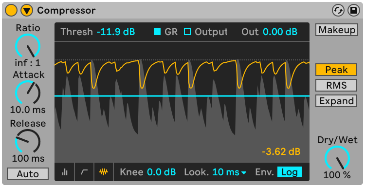 Interface du plug-in Compressor d’Ableton Live 12 : contrôles Threshold, Ratio, Attack, Release, Makeup, mode Peak et RMS, et indicateur Activity (réduction de gain).